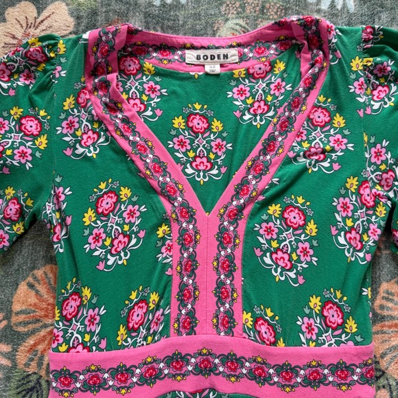 Boden Dresses & Skirts - Boden Ellie Flutter Maxi Tea Dress Green Floral Pink Trim D0927 US 2R UK 6R